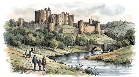 AI illustration: Alnwick Castle above the River Aln, Northumberland