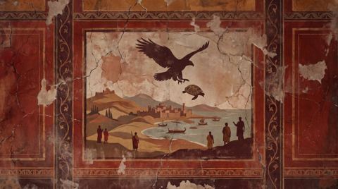 AI illustration: An eagle drops a tortoise over the coast at Gela, Sicily, 456 BC