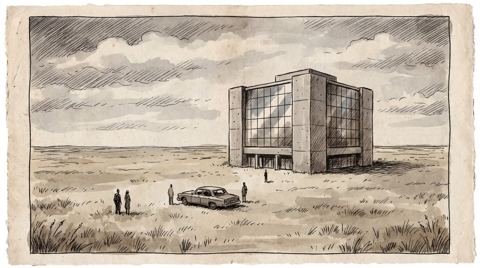AI illustration: An office tower on the flat prairie outside Wichita, Kansas, 1980s