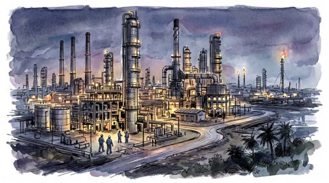 AI illustration: An oil refinery at Jamnagar, Gujarat, lit up at night