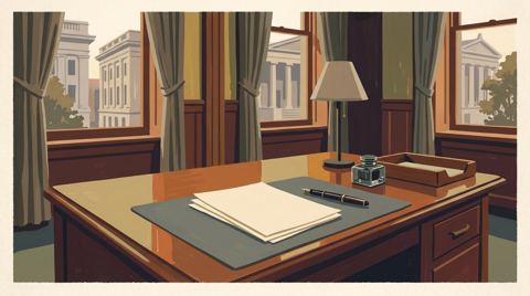 AI illustration: Blank adoption papers and a fountain pen on an empty court clerk's desk in Louisville, Kentucky, 1959, no people