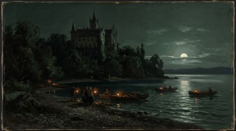 AI illustration: Boats with lanterns search Lake Starnberg below Berg Castle for Ludwig II, 13 June 1886