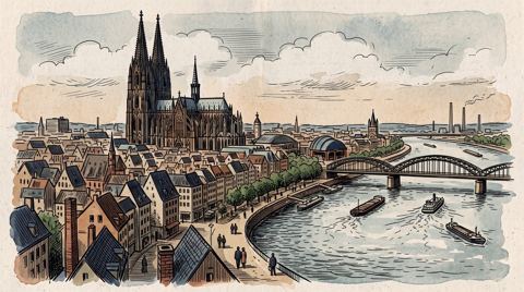 AI illustration: Cologne Cathedral above the old town and the Rhine