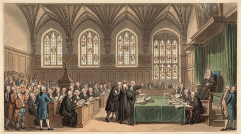 AI illustration: Counsel argue the Thellusson will before the Court of Chancery in Lincoln's Inn Hall, 1799