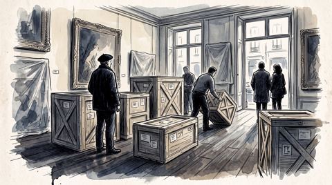 AI illustration: Crated paintings in a Paris art gallery on the Rue La Boétie, 2001