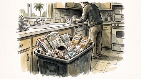 AI illustration: Dental floss in a kitchen bin in Beverly Hills, 2002