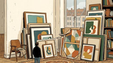 AI illustration: Framed and unframed artworks stacked in a Munich flat, 2012
