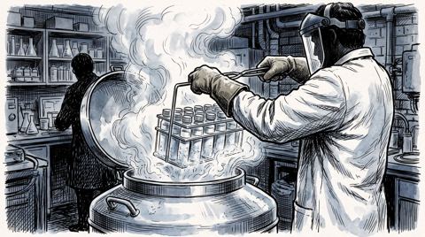 AI illustration: Frozen sample vials lifted in a rack from a steaming liquid-nitrogen tank, early 1990s, unlabelled