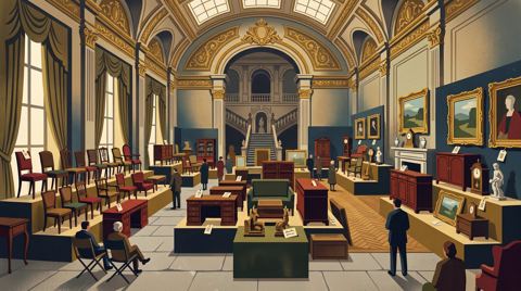 AI illustration: Furniture and paintings laid out for auction inside Mentmore Towers, Buckinghamshire, 1977
