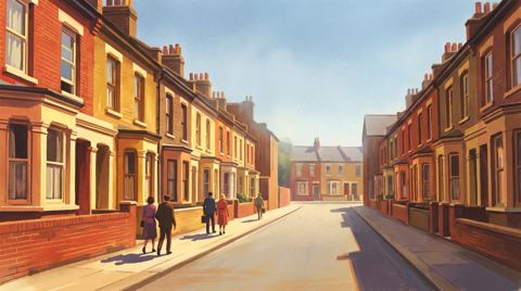 AI illustration: Ives Street in Chelsea, London, brick terraces on a summer afternoon, 1987