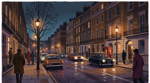 AI illustration: Lower Belgrave Street, London, at night, November 1974