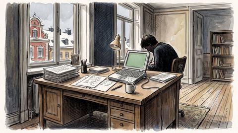 AI illustration: Manuscripts and a laptop on a desk in a Stockholm flat, 2004