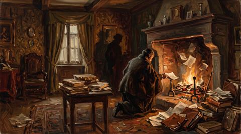 AI illustration: Manuscripts and diaries burning in a fireplace in a Trieste house, 1890