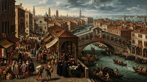 AI illustration: Merchants and notaries at the Rialto in Venice, 16th century