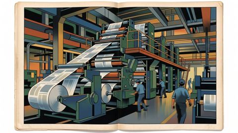 AI illustration: Newspaper presses running in Louisville, Kentucky, 1986