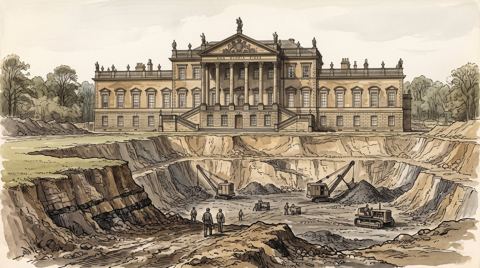 AI illustration: Opencast coal mining dug up to the lawns of Wentworth Woodhouse, Yorkshire, 1947