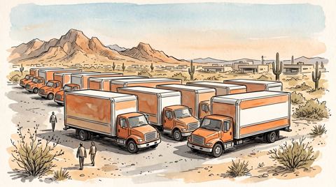 AI illustration: Orange-and-white rental trucks lined up in a Phoenix, Arizona, lot