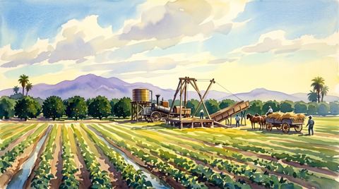 AI illustration: Orange groves and bean fields on the Irvine Ranch, Orange County, 1940s