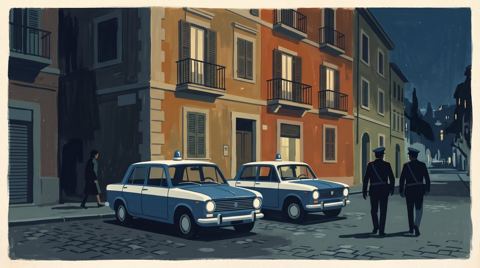 AI illustration: Police cars at night outside an apartment building on Via Puccini, Rome, 1970