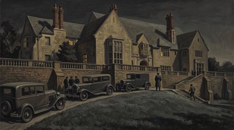 AI illustration: Police cars at night outside Greystone, the Doheny mansion in Beverly Hills, February 1929