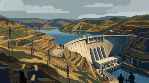 AI illustration: Power lines and a hydroelectric dam of the Catalan power network, 1950s