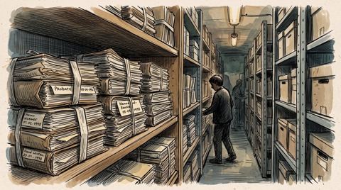 AI illustration: Probate files tied with tape on a shelf in a Saarland district court, 1998
