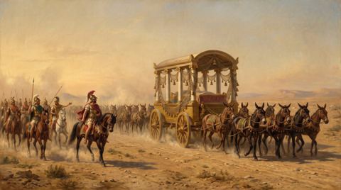 AI illustration: Ptolemy's cavalry turn Alexander the Great's funeral carriage toward Egypt, 321 BC