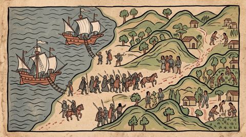 AI illustration: Rebels led by Pedrarias's grandsons land on the shore at Panama, 1550