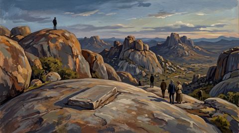 AI illustration: Rhodes's grave on the granite dome of World's View in the Matopos hills, 1902