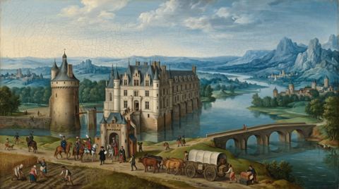 AI illustration: Royal officers arrive at the Château de Chenonceau with a deed to take it back for the crown, 1559