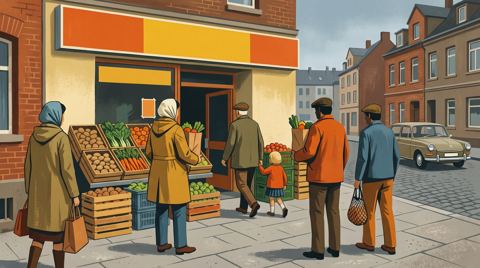 AI illustration: Shoppers outside a grocery shop on an Essen street, early 1970s