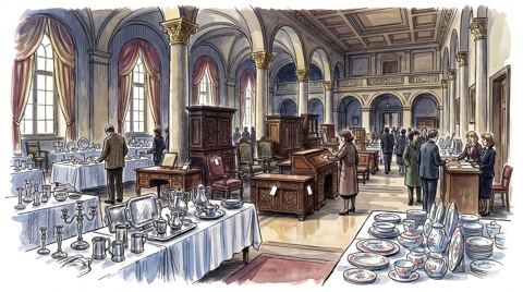AI illustration: Silver, porcelain and furniture laid out for auction in a palace hall at St. Emmeram, Regensburg, 1993, full-bleed picture with no border or page