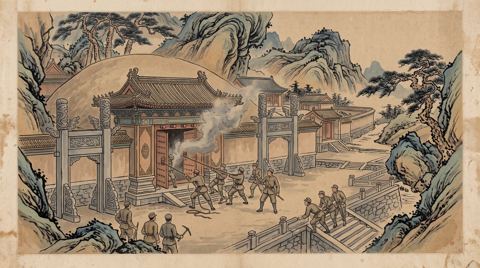 AI illustration: Soldiers blast open the Qing imperial tombs at the Eastern Qing Tombs, 1928