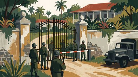 AI illustration: Soldiers guard the gates of a confiscated Trujillo family estate, Dominican Republic, 1962
