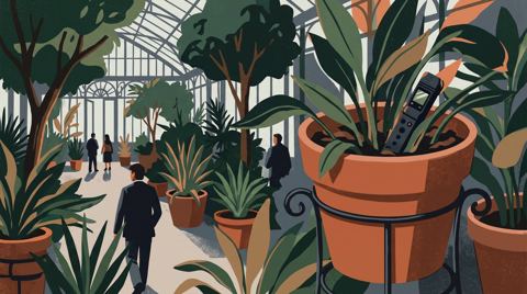 AI illustration: The conservatory of a London hotel, a recorder hidden in a plant pot