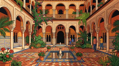 AI illustration: The courtyard of the Palacio de las Dueñas, Seville