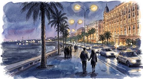 AI illustration: The Croisette at Cannes at night, 2004