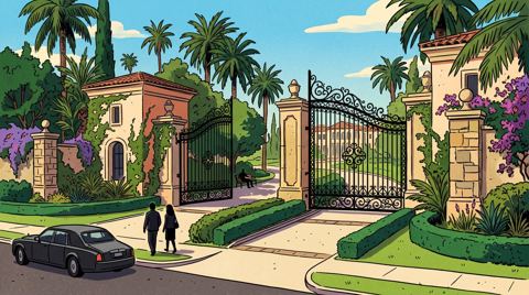 AI illustration: The gates of a Beverly Hills estate, 2015
