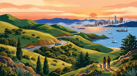 AI illustration: The green hills of Marin County above San Francisco Bay, 1970s