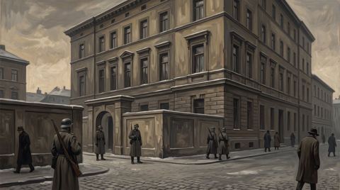 AI illustration: The Hotel Metropole in Vienna under armed guard, 1938, where Louis de Rothschild was held