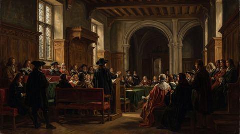 AI illustration: The House of Lords chamber at Westminster hears a peerage claim, 17th century