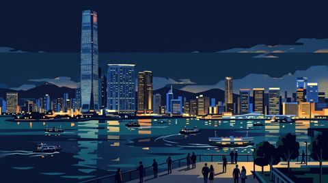 AI illustration: The International Commerce Centre tower above Hong Kong harbour at night