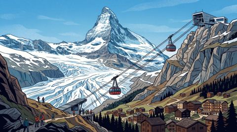 AI illustration: The Klein Matterhorn glacier and cable car above Zermatt