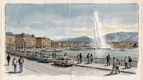AI illustration: The lakefront and the Jet d'Eau in Geneva, 2008