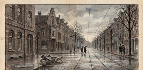 AI illustration: The Linnaeusstraat in Amsterdam on a grey November morning, 2004, a bicycle lying on its side in the empty street