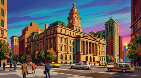 AI illustration: The Manhattan Surrogate's Court building on Chambers Street, 1986
