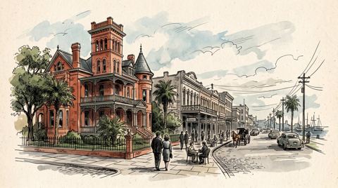 AI illustration: The Moody Mansion and the Strand in Galveston, Texas