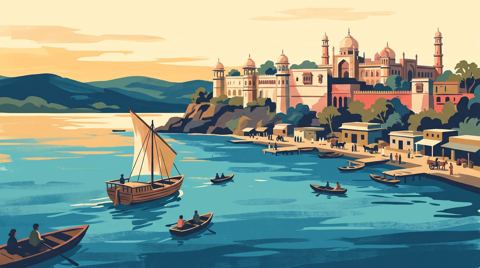 AI illustration: The palaces of Bhopal above the Upper Lake, 1960