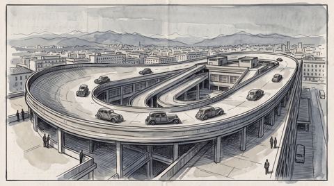 AI illustration: The rooftop test track of the Lingotto factory in Turin