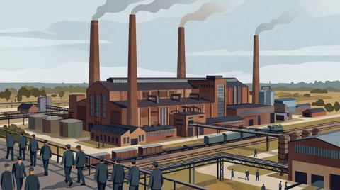 AI illustration: The Volkswagen factory at Wolfsburg with its four brick chimneys